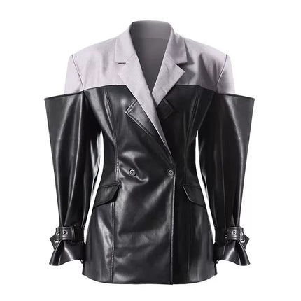 TALKLESSFASHION M / dark grey PU Leather Spliced Blazer Jacket