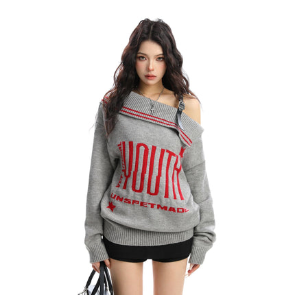 TALKLESSFASHION M / flecking gray BIGGOLD American letter design slanted shoulder sweater women's autumn and winter thickened warm off-the-shoulder knit top trend