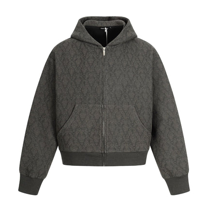 TALKLESSFASHION M / gray 0264 American retro trend high-end men's and women's heavy jacquard design men's zipper short and wide hooded sweatshirt