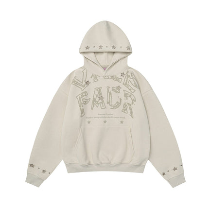 TALKLESSFASHION M / Gray beige W600 American Retro Men's and Women's High-End Trend Star Embroidered Hollow Design Men's Loose Hooded Sweatshirt