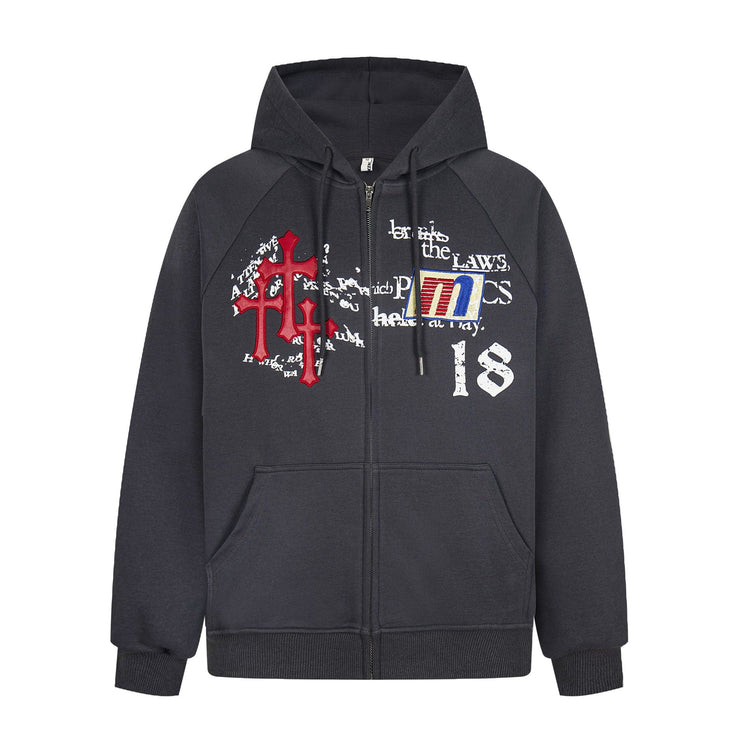 TALKLESSFASHION M / gray Distressed Letter Print Embroidered Hooded Sweatshirt