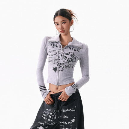 TALKLESSFASHION M / gray XPKAEAX American Spice Girl Monogram Print Stand Neck Long Sleeve T-Shirt Women's Base Jacket Slim Slim Short Top