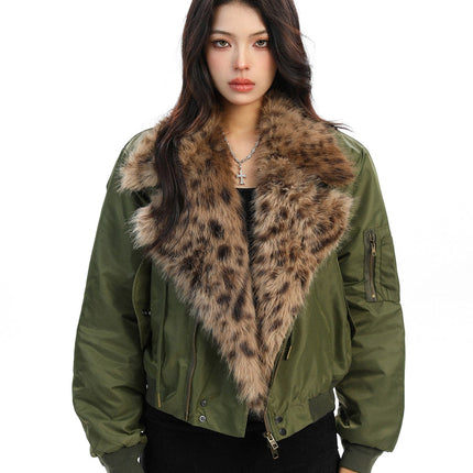 TALKLESSFASHION M / green Leopard-Collar Motor-Core Padded Jacket
