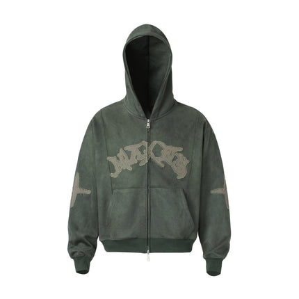 TALKLESSFASHION M / green Suede Hooded Street Sweatshirt