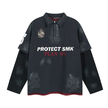 TALKLESSFASHION M / Navy blue spell red Jiaqlo Men's Fall and Winter 2025 new wasteland style American jersey fake two heavy embroidered polo collar sweatshirts