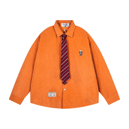 TALKLESSFASHION M / Orange OV original cartoon bear embroidery collegiate style tie long sleeve shirt women's autumn loose casual versatile shirt men