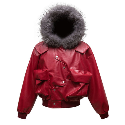 TALKLESSFASHION M / red Big Fur Collar PU Leather Puffer