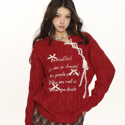 TALKLESSFASHION M / red BIGGOLD Red New Year's Jersey Bow Tie Sweater Women's Autumn and Winter Lazy Wind Soft Waxy Knit Top
