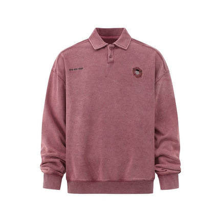 TALKLESSFASHION M / red Embroidered Lapel Pullover Sweatshirt