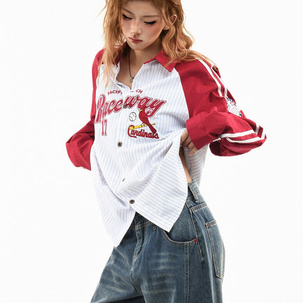 TALKLESSFASHION M / red OV original American stripe contrast patchwork couple long sleeve shirt women's spring preppy style loose lapel shirt men