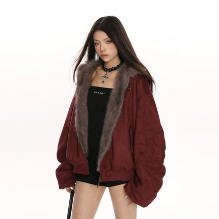 TALKLESSFASHION M / Red Wear it on both sides Reversible Suede Faux Fur Jacket