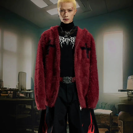 TALKLESSFASHION M / red Y2K Mohair Hooded Cardigan