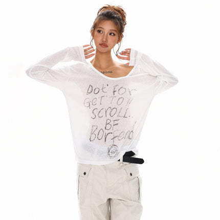 TALKLESSFASHION M / white XPKAEAX Slightly Translucent Lightweight Letter Long Sleeve T-Shirt Women's 2025 Pre-Fall Loose Off-the-Shoulder Top American Slanted Shoulder Cover-Up