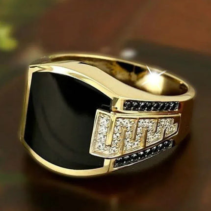 TALKLESSFASHION Metal Gold Inlaid Black Stone Zircon Rings------4716