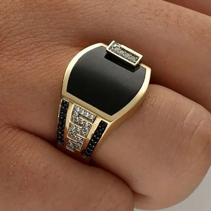 TALKLESSFASHION Metal Gold Inlaid Black Stone Zircon Rings------4716