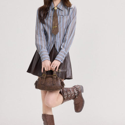 TALKLESSFASHION Mi Xiaoke American retro long-sleeved shirt women's spring college style with striped shirt and small temperament top