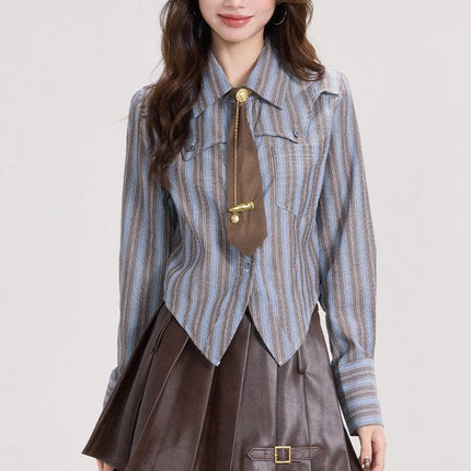 TALKLESSFASHION Mi Xiaoke American retro long-sleeved shirt women's spring college style with striped shirt and small temperament top