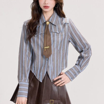 TALKLESSFASHION Mi Xiaoke American retro long-sleeved shirt women's spring college style with striped shirt and small temperament top