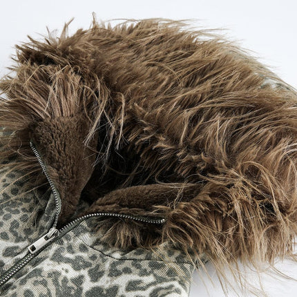 TALKLESSFASHION mountain carved fur collar cotton jacket leopard print jacket