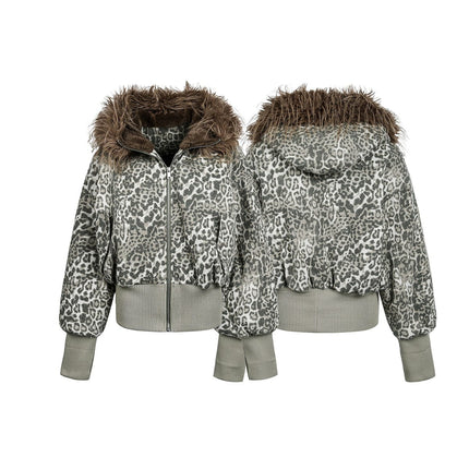 TALKLESSFASHION mountain carved fur collar cotton jacket leopard print jacket
