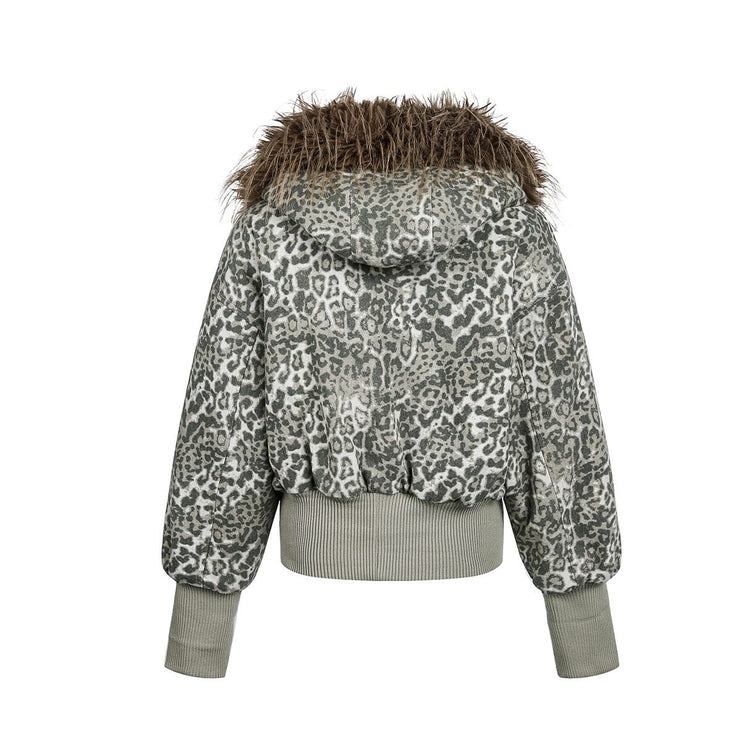 TALKLESSFASHION mountain carved fur collar cotton jacket leopard print jacket