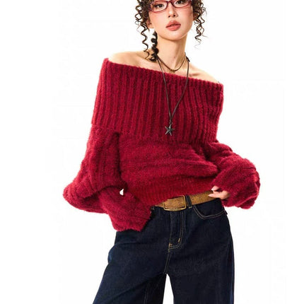 TALKLESSFASHION One size / red YOUNG Encore Red Atmosphere Red Sweater Women's Winter Retro Hot Girl Short One-Shoulder Top