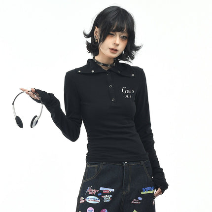 TALKLESSFASHION OV original American hot girl half-open lapel long-sleeved T-shirt women's autumn slim straight shoulder short base shirt top trend