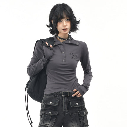 TALKLESSFASHION OV original American hot girl half-open lapel long-sleeved T-shirt women's autumn slim straight shoulder short base shirt top trend