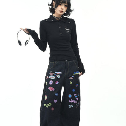 TALKLESSFASHION OV original American hot girl half-open lapel long-sleeved T-shirt women's autumn slim straight shoulder short base shirt top trend