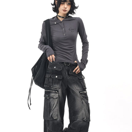 TALKLESSFASHION OV original American hot girl half-open lapel long-sleeved T-shirt women's autumn slim straight shoulder short base shirt top trend