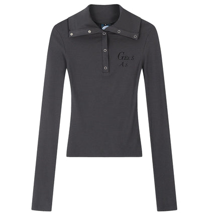 TALKLESSFASHION OV original American hot girl half-open lapel long-sleeved T-shirt women's autumn slim straight shoulder short base shirt top trend