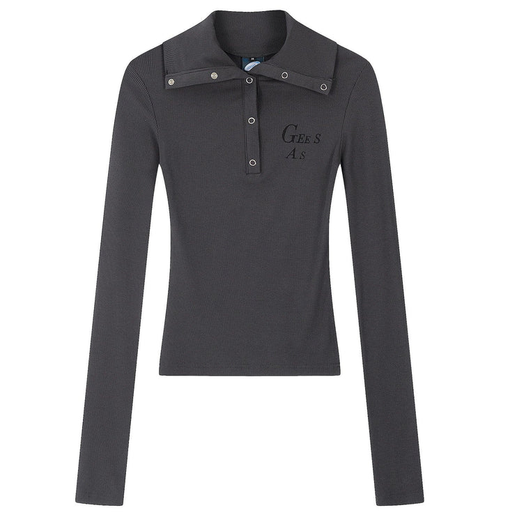 TALKLESSFASHION OV original American hot girl half-open lapel long-sleeved T-shirt women's autumn slim straight shoulder short base shirt top trend