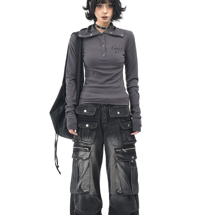 TALKLESSFASHION OV original American hot girl half-open lapel long-sleeved T-shirt women's autumn slim straight shoulder short base shirt top trend