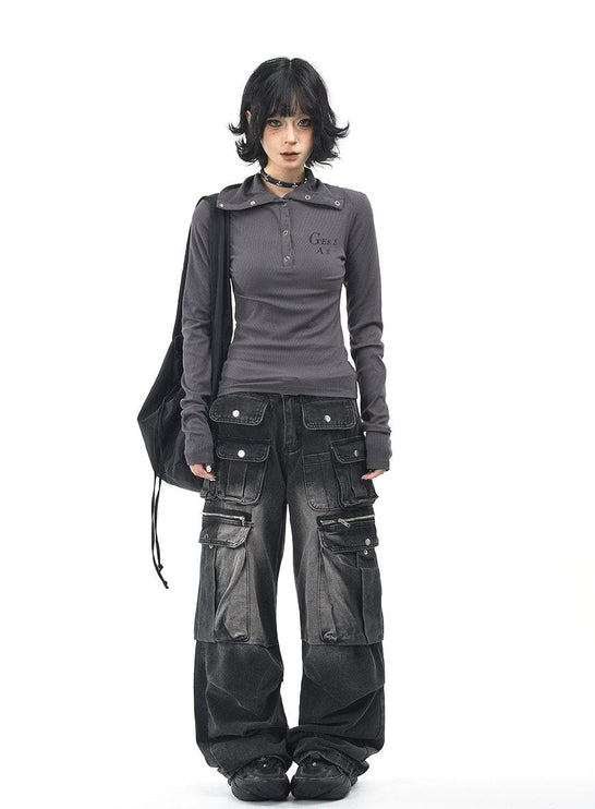 TALKLESSFASHION OV original American hot girl half-open lapel long-sleeved T-shirt women's autumn slim straight shoulder short base shirt top trend