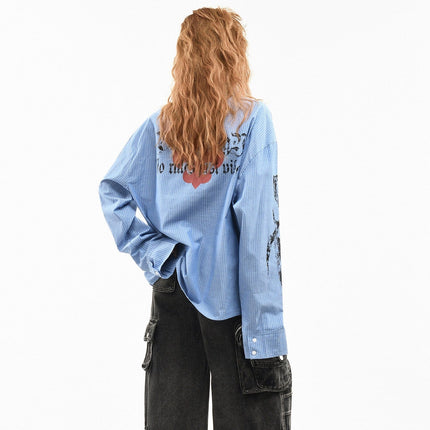 TALKLESSFASHION OV original American letter mottled graffiti long sleeve shirt women's spring loose vertical stripe trendy brand couple top men