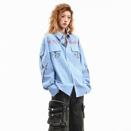 TALKLESSFASHION OV original American letter mottled graffiti long sleeve shirt women's spring loose vertical stripe trendy brand couple top men