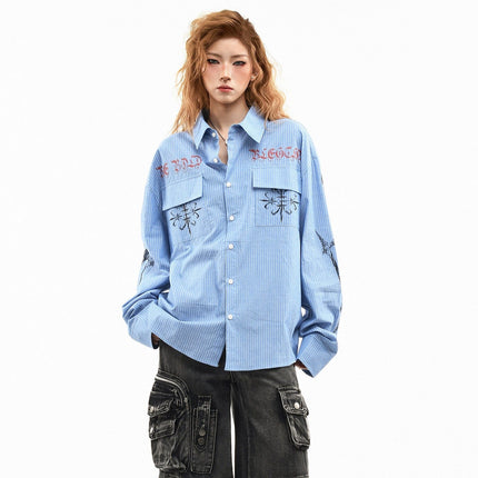 TALKLESSFASHION OV original American letter mottled graffiti long sleeve shirt women's spring loose vertical stripe trendy brand couple top men
