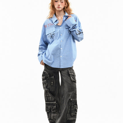 TALKLESSFASHION OV original American letter mottled graffiti long sleeve shirt women's spring loose vertical stripe trendy brand couple top men