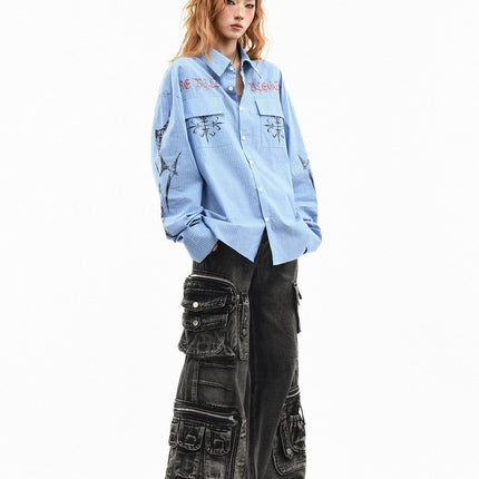 TALKLESSFASHION OV original American letter mottled graffiti long sleeve shirt women's spring loose vertical stripe trendy brand couple top men