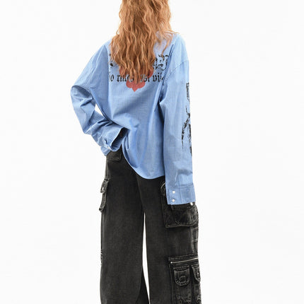 TALKLESSFASHION OV original American letter mottled graffiti long sleeve shirt women's spring loose vertical stripe trendy brand couple top men