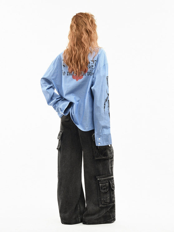 TALKLESSFASHION OV original American letter mottled graffiti long sleeve shirt women's spring loose vertical stripe trendy brand couple top men