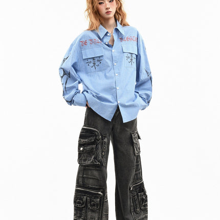 TALKLESSFASHION OV original American letter mottled graffiti long sleeve shirt women's spring loose vertical stripe trendy brand couple top men