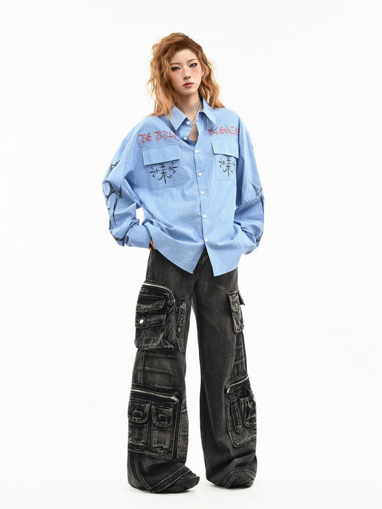 TALKLESSFASHION OV original American letter mottled graffiti long sleeve shirt women's spring loose vertical stripe trendy brand couple top men