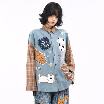TALKLESSFASHION OV original American plaid patchwork washed denim shirt men's and women's autumn puppy towel embroidered loose long-sleeved shirt