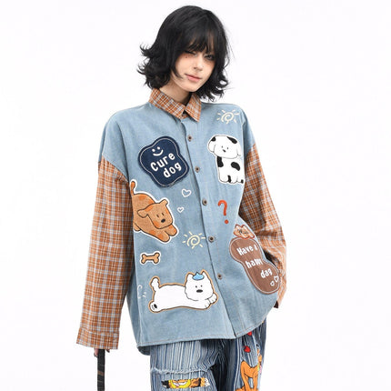 TALKLESSFASHION OV original American plaid patchwork washed denim shirt men's and women's autumn puppy towel embroidered loose long-sleeved shirt
