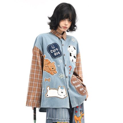 TALKLESSFASHION OV original American plaid patchwork washed denim shirt men's and women's autumn puppy towel embroidered loose long-sleeved shirt