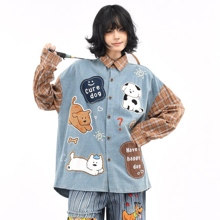TALKLESSFASHION OV original American plaid patchwork washed denim shirt men's and women's autumn puppy towel embroidered loose long-sleeved shirt