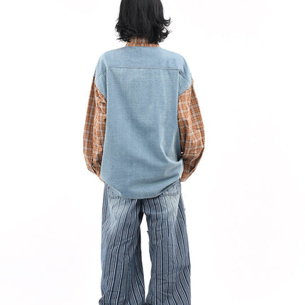 TALKLESSFASHION OV original American plaid patchwork washed denim shirt men's and women's autumn puppy towel embroidered loose long-sleeved shirt