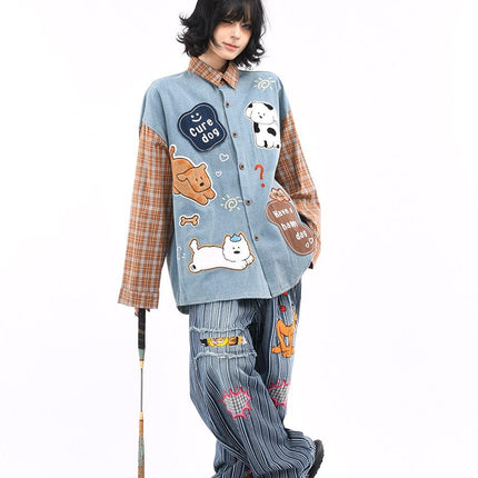 TALKLESSFASHION OV original American plaid patchwork washed denim shirt men's and women's autumn puppy towel embroidered loose long-sleeved shirt