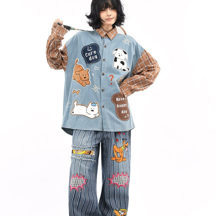 TALKLESSFASHION OV original American plaid patchwork washed denim shirt men's and women's autumn puppy towel embroidered loose long-sleeved shirt
